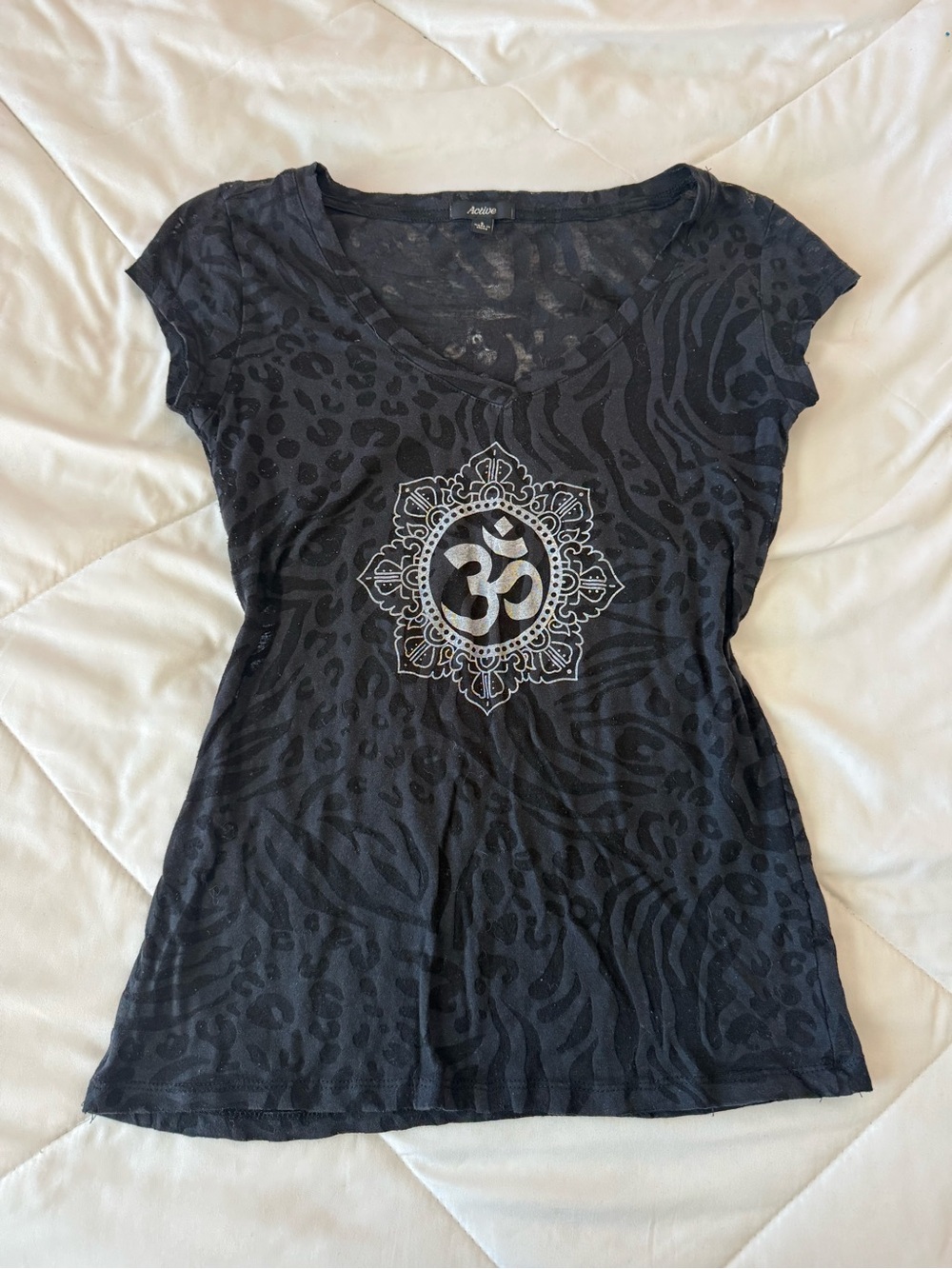 Active USA Black Short-Sleeve V-Neck Tee with Silver Om Mandala